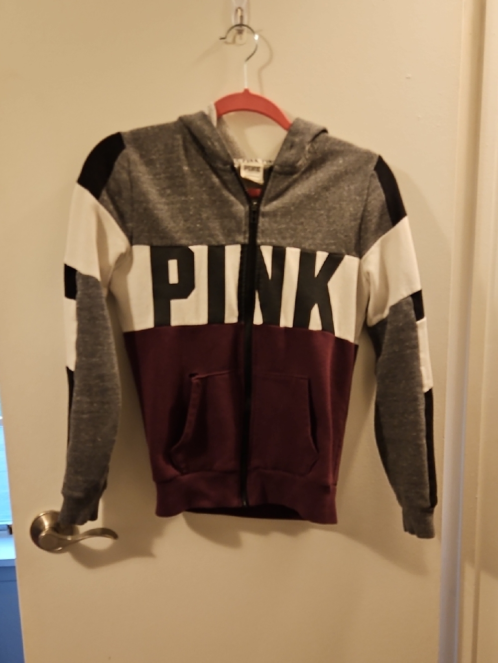 PINK Victoria's Secret Gray and Black Zip Hoodie with Coral Accent